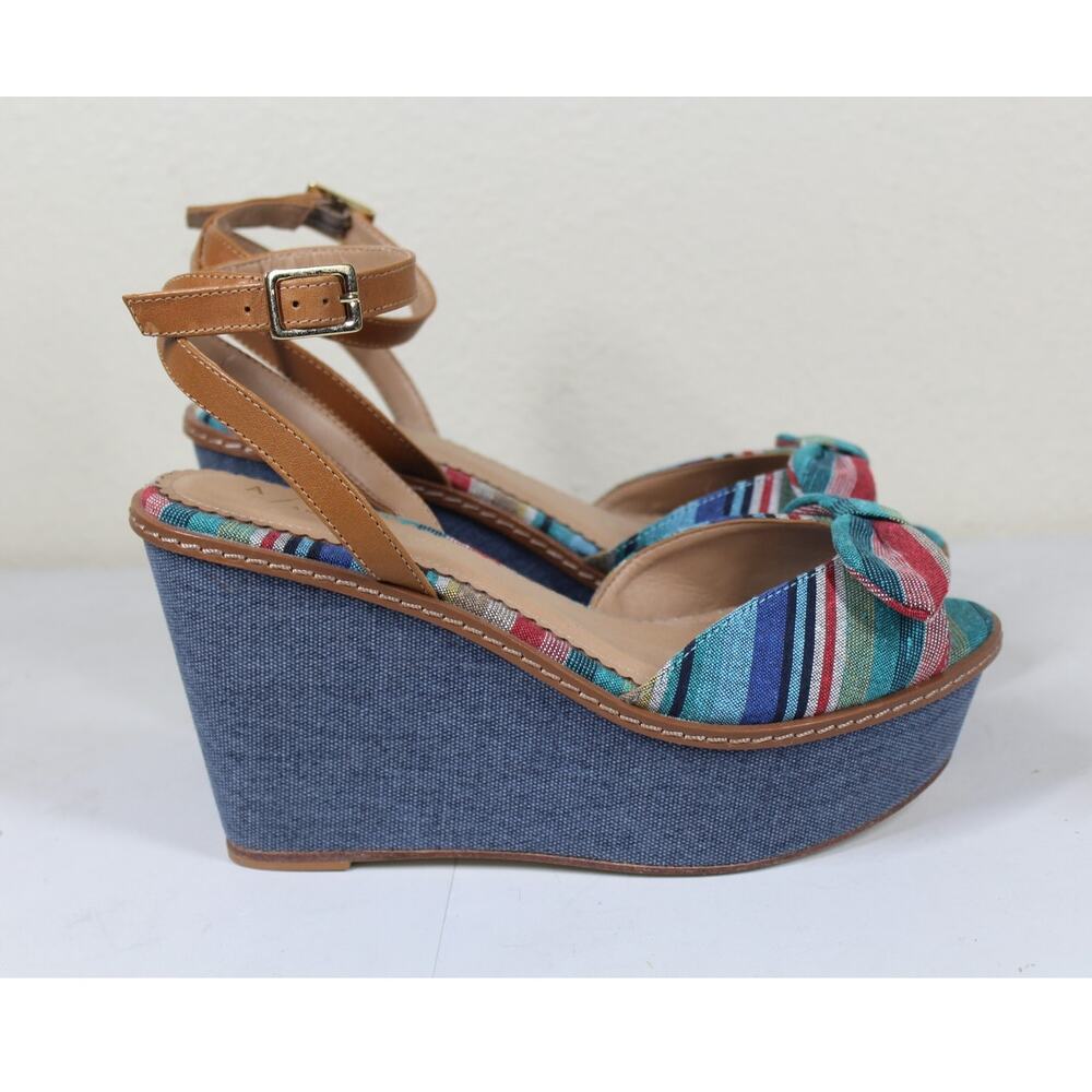 Anthropologie Striped Wedge Sandals with Blue and Brown Accents
